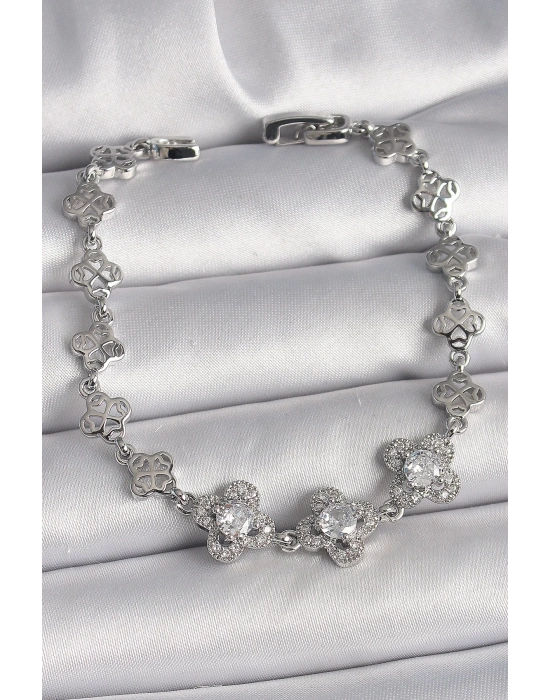 ® Pirinç Gümüş Renk Zirkon Taşlı Yonca Model Kadın Bileklik