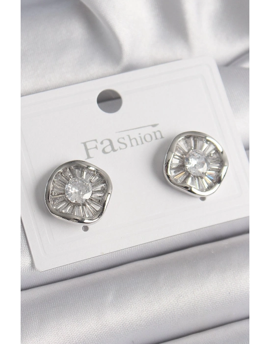 ® Pirinç Gümüş Renk Zirkon Taşlı Yonca Model Kadın Küpe