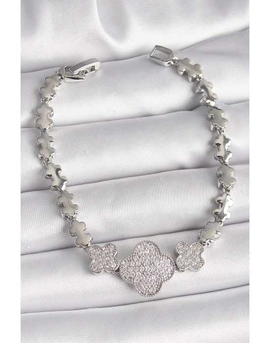 ® Pirinç Gümüş Renk Zirkon Taşlı Yonca Model Zincir Model Kadın Bileklik