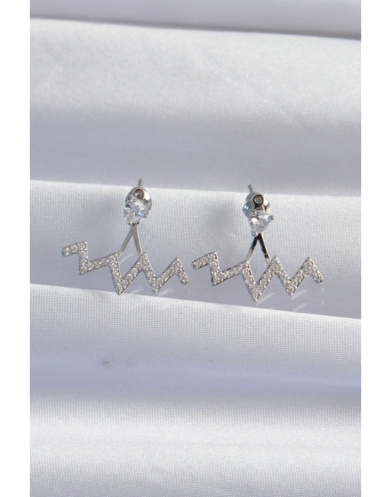 ® Pirinç Gümüş Renk Zirkon Taşlı Zikzak Küpe