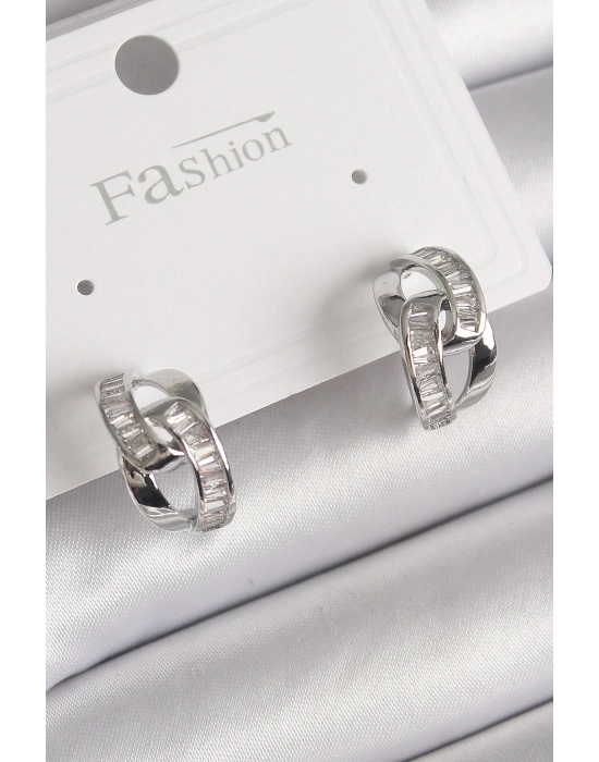 ® Pirinç Gümüş Renk Zirkon Taşlı Zincir Model Kadın Küpe