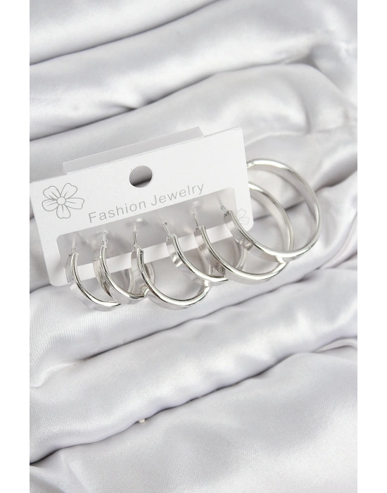 ® Pirinç Halka Model Gümüş Renk Kadın Set Küpe