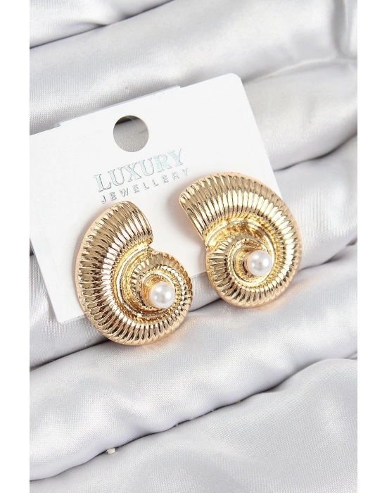 ® Pirinç İnci Detaylı Girdap Model Gold Renk Kadın Küpe