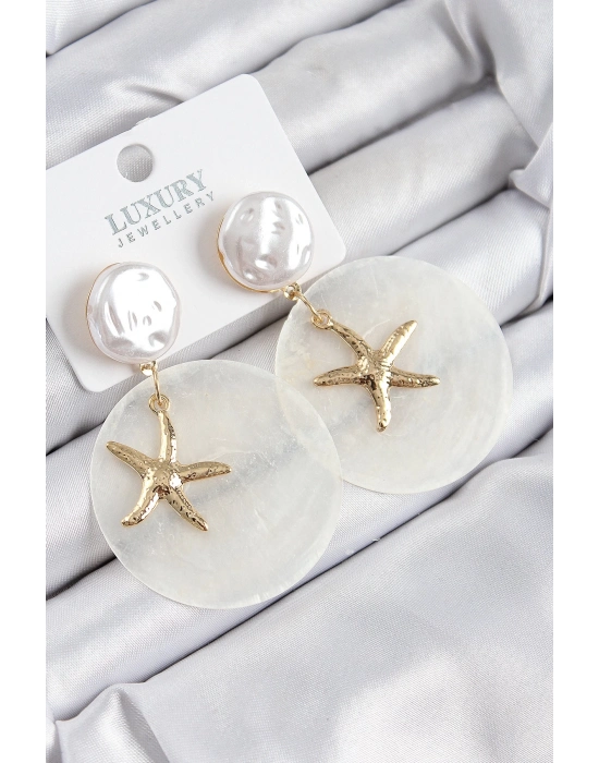 ® Pirinç İncili Deniz Kabuğu Figürlü Sedef Model Gold Renk Kadın Küpe