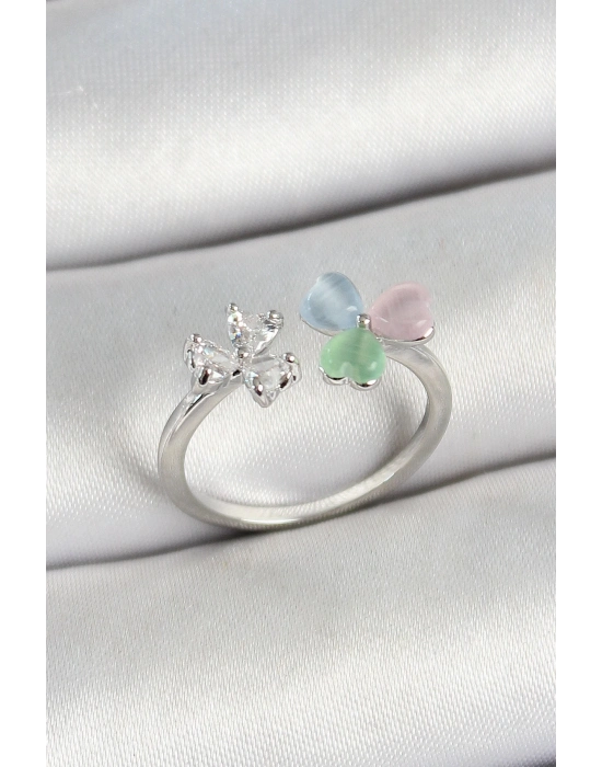 ® Pirinç Kalp Figürlü Zirkon Taşlı Gümüş Renk Ayarlanabilir Kadın Yüzük