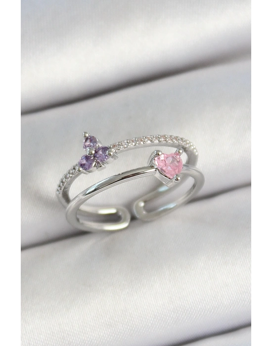 ® Pirinç Kalp Ve Çiçek Figürlü Zirkon Taşlı Gümüş Renk Ayarlanabilir Kadın Yüzük