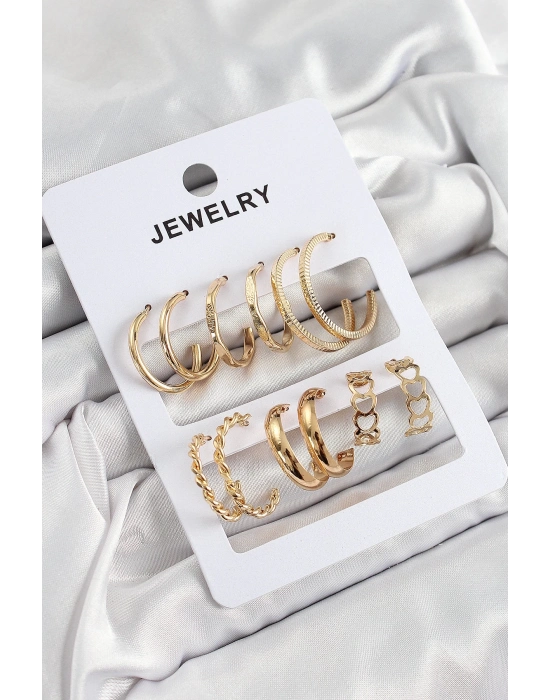 ® Pirinç Karışık Halka Model Gold Renk 6 Çift Kadın Küpe Set