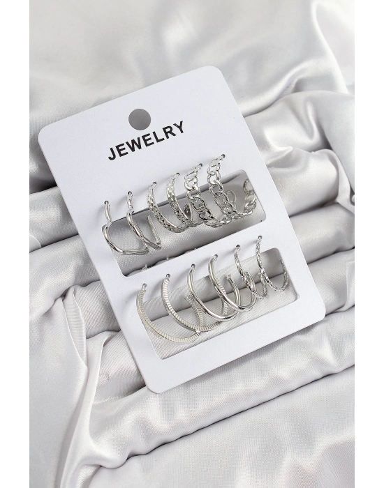 ® Pirinç Karışık Halka Model Gümüş Renk 6 Çift Kadın Küpe Set