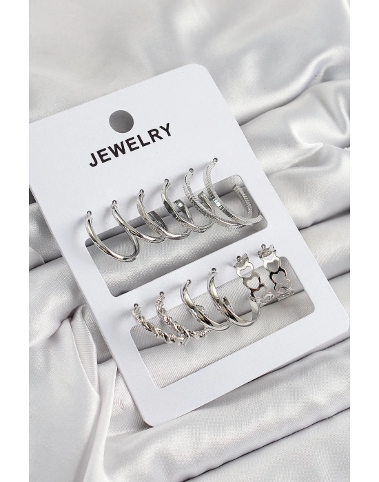 ® Pirinç Karışık Halka Model Gümüş Renk 6 Çift Kadın Küpe Set