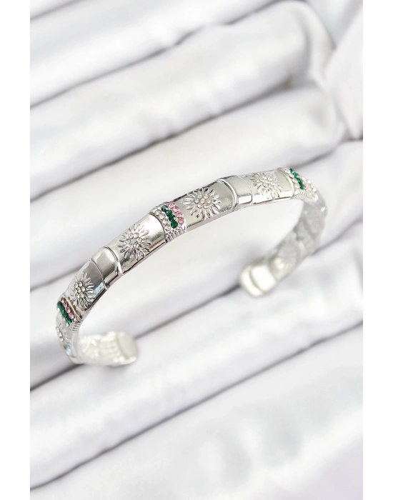 ® Pirinç Karışık Zirkon Taşlı Çiçek Model Gümüş Renk Altı Açık Kadın Bileklik