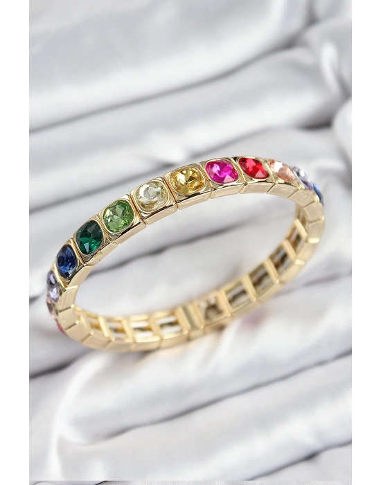 ® Pirinç Karışık Zirkon Taşlı Kare Model Gold Renk Lastikli Kadın Bileklik