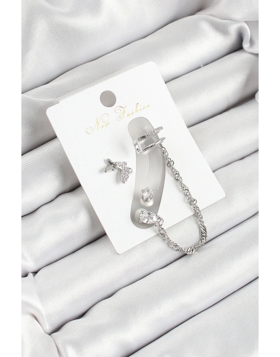 ® Pirinç Kelebek Figürlü Zirkon Taşlı Gümüş Renk 3lü Kıkırdak Kadın Küpe Set