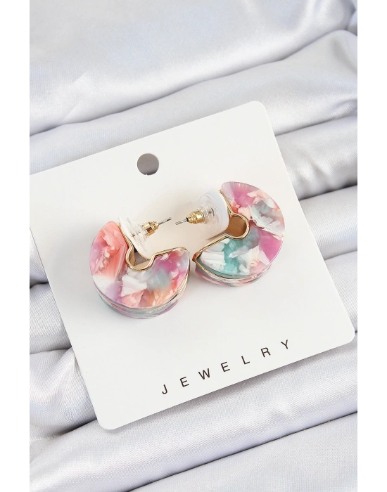 ® Pirinç Mermer Desenli Vintage Yarım Halka Model Gold Renk Kadın Küpe