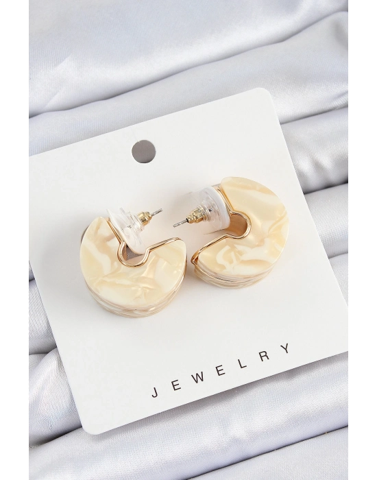 ® Pirinç Mermer Desenli Vintage Yarım Halka Model Gold Renk Kadın Küpe