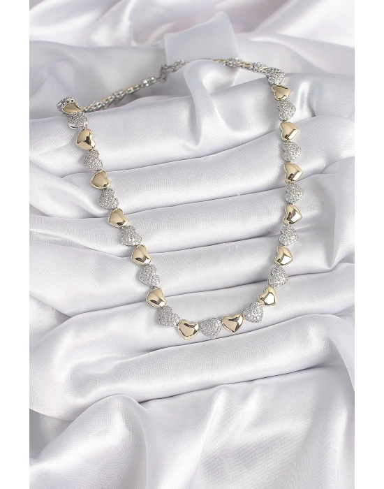 ® Pirinç Mix Renk Zirkon Taşlı Kalp Model VIP Exclusive Seri Kadın Kolye