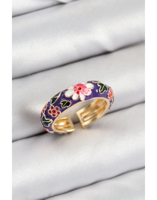 ® Pirinç Mor Mineli Çiçek Motifli Gold Renk Ayarlanabilir Kadın Yüzük