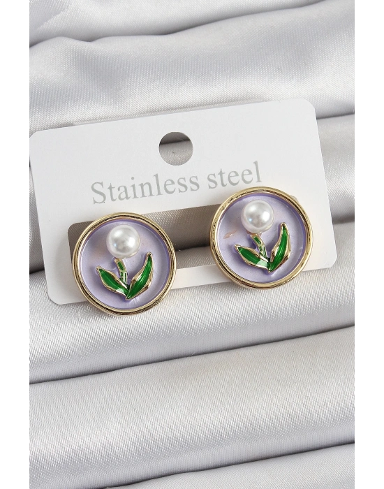 ® Pirinç Mor Mineli Lale Figürlü Sanatsal Portre Model Gold Renk Kadın Küpe