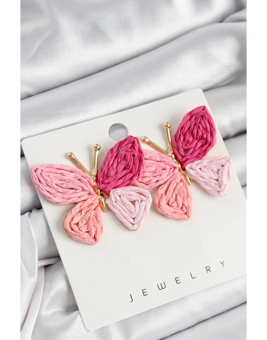 ® Pirinç Pembe Kelebek Model Gold Renk Kadın Hasır Küpe