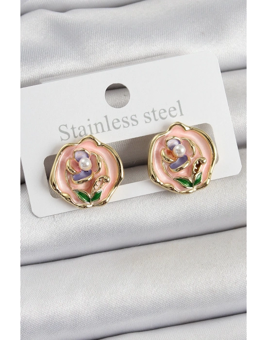 ® Pirinç Pembe Mineli Çiçek Figürlü Sanatsal Portre Model Gold Renk Kadın Küpe