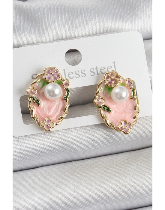 ® Pirinç Pembe Mineli İnci Detaylı Sanatsal Portre Model Gold Renk Kadın Küpe