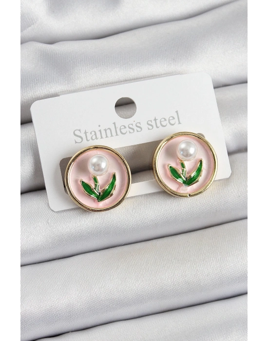 ® Pirinç Pembe Mineli Lale Figürlü Sanatsal Portre Model Gold Renk Kadın Küpe