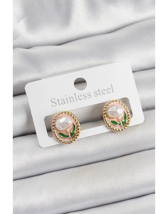 ® Pirinç Pembe Mineli Lale Figürlü Sanatsal Portre Model Gold Renk Kadın Küpe