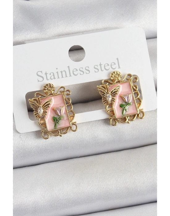 ® Pirinç Pembe Mineli Sanatsal Portre Model Gold Renk Kadın Küpe