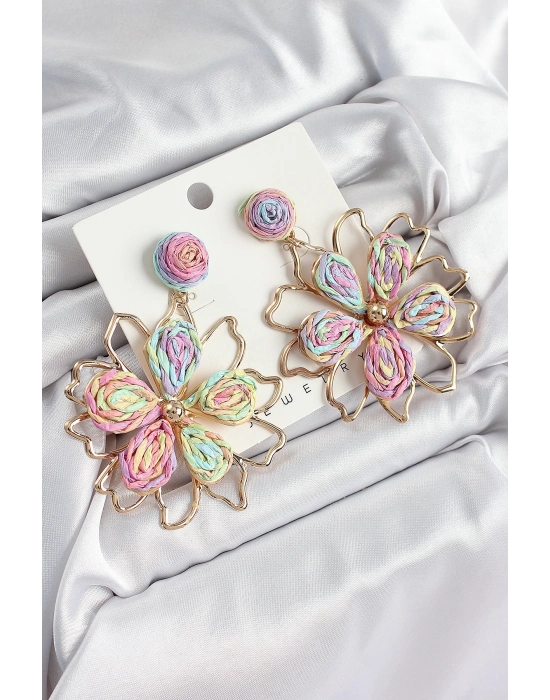 ® Pirinç Rainbow Çiçek Model Gold Renk Kadın Hasır Küpe