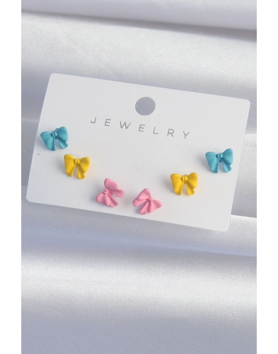 ® Pirinç Rengarenk Mineli Minimal Fiyonk Küpe Seti