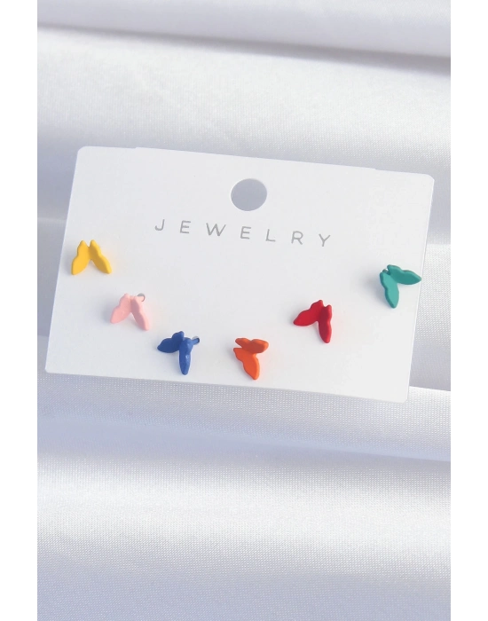 ® Pirinç Rengarenk Mineli Minimal Kelebek Küpe Seti