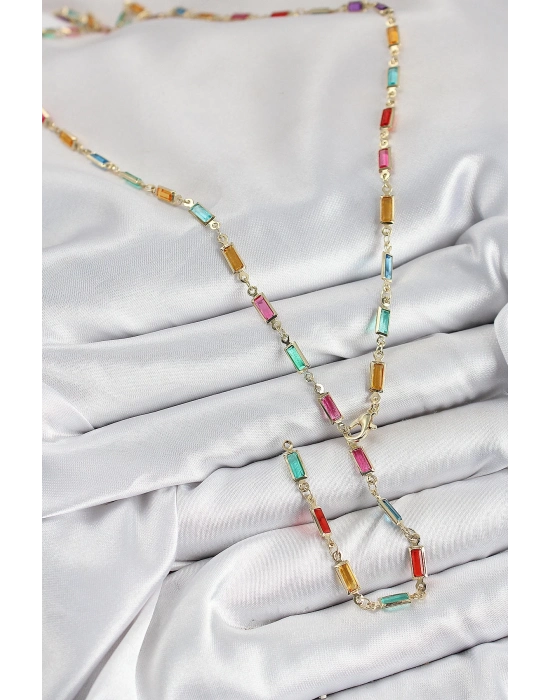 ® Pirinç Renkli Zirkon Taşlı Dikdörtgen Model Gold Renk Kadın Y Kolye