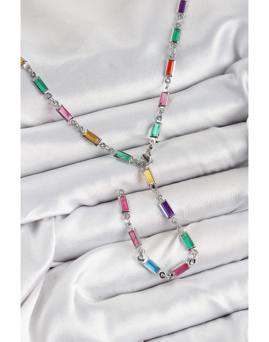 ® Pirinç Renkli Zirkon Taşlı Dikdörtgen Model Gümüş Renk Kadın Y Kolye