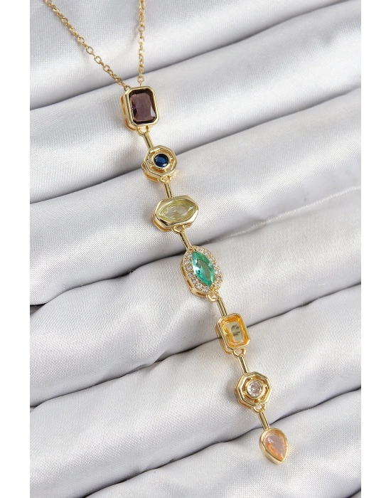 ® Pirinç Renkli Zirkon Taşlı Model Gold Renk 7 Element Kadın Y Kolye