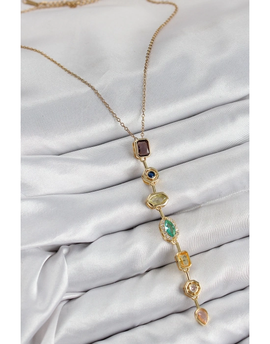 ® Pirinç Renkli Zirkon Taşlı Model Gold Renk 7 Element Kadın Y Kolye