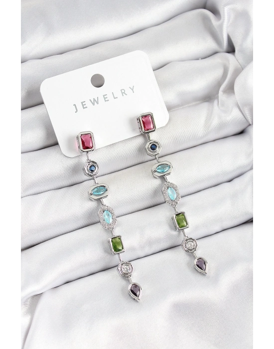 ® Pirinç Renkli Zirkon Taşlı Sallantılı Model Gümüş Renk Kadın Küpe