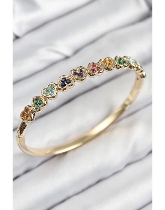 ® Pirinç Renkli Zirkon Taşlı Sıralı Kalp Model Gold Renk Kadın Kelepçe
