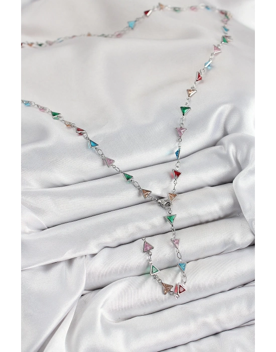 ® Pirinç Renkli Zirkon Taşlı Üçgen Model Gümüş Renk Kadın Y Kolye