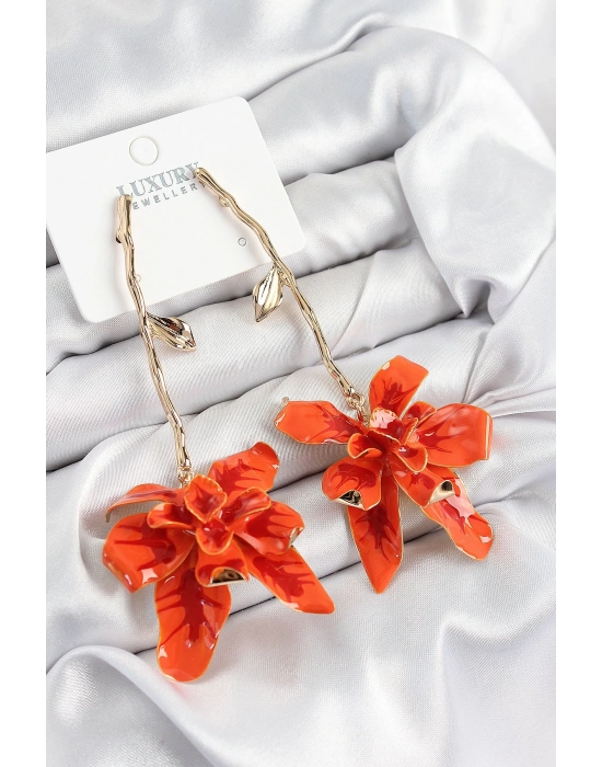 ® Pirinç Sallantılı Turuncu Çiçek Model Gold Renk Kadın Küpe
