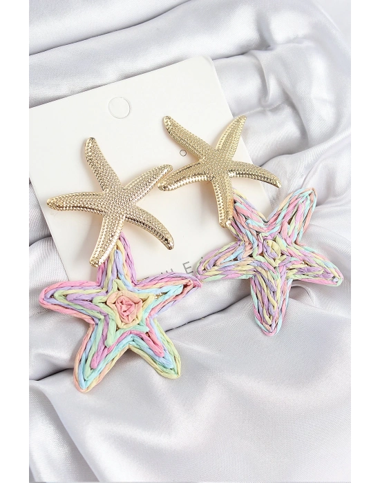 ® Pirinç Sallantılı Rainbow Deniz Yıldızı Model Gold Renk Hasır Küpe