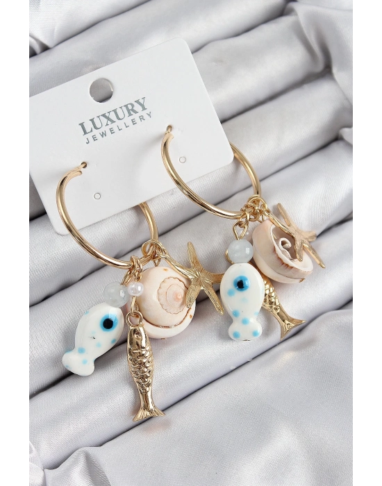 ® Pirinç Sallantılı Seramik Balık Ve Deniz Kabuğu Model Gold Renk Kadın Küpe