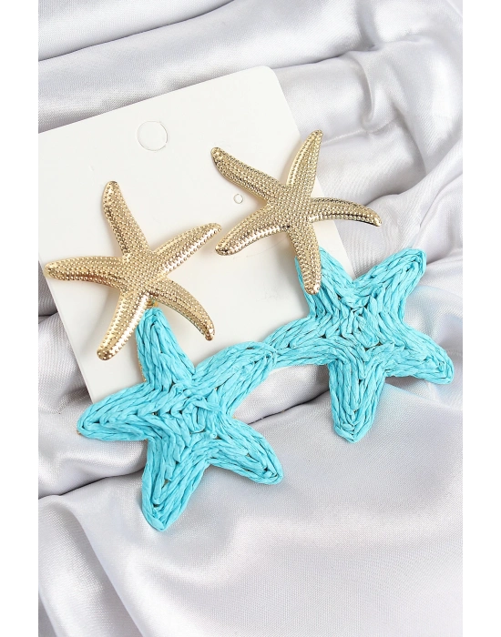 ® Pirinç Sallantılı Turkuaz Deniz Yıldızı Model Gold Renk Hasır Küpe