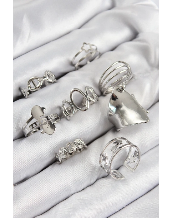 ® Pirinç Sarmal Ve Yıldız Model Gümüş Renk Kadın Yüzük Kombin Set