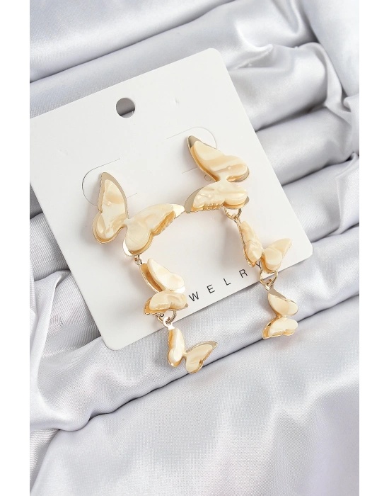 ® Pirinç Sedef Sallantılı Mermer Desenli Kelebek Model Gold Renk Vintage Kadın Küpe