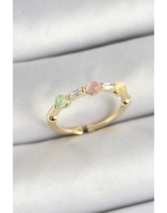 ® Pirinç Sıralı Boncuk Figürlü Zirkon Taşlı Gold Renk Ayarlanabilir Kadın Yüzük