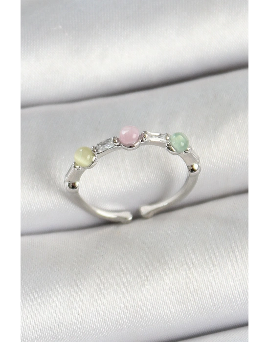 ® Pirinç Sıralı Boncuk Figürlü Zirkon Taşlı Gümüş Renk Ayarlanabilir Kadın Yüzük