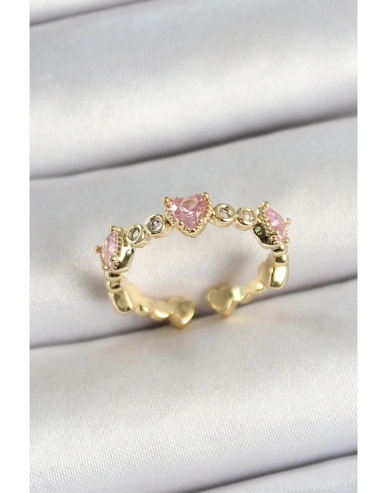 ® Pirinç Sıralı Kalp Figürlü Zirkon Taşlı Gold Renk Ayarlanabilir Kadın Yüzük