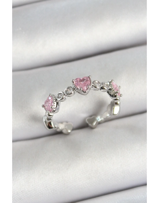 ® Pirinç Sıralı Kalp Figürlü Zirkon Taşlı Gümüş Renk Ayarlanabilir Kadın Yüzük