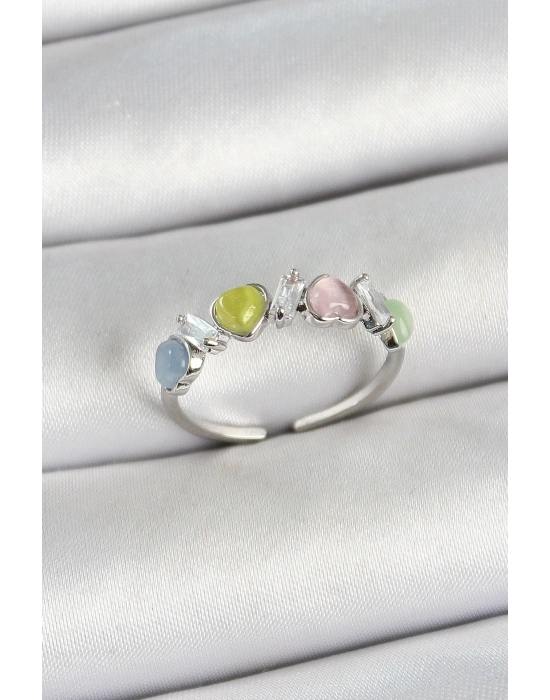 ® Pirinç Sıralı Kalp Figürlü Zirkon Taşlı Gümüş Renk Ayarlanabilir Kadın Yüzük