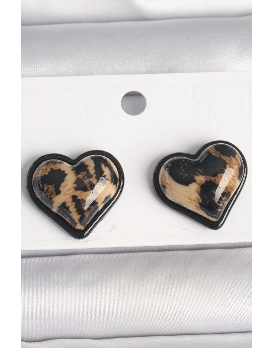 ® Pirinç Siyah Renk Leopar Desen 3D Kalp Model Kadın Küpe