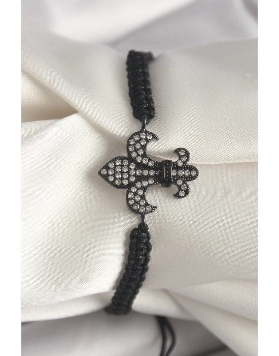 ® Pirinç Siyah Renk Zirkon Taşlı Zambak Figür Asansörlü Makrome Model Kadın Bileklik